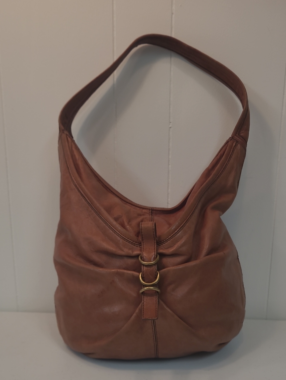 Kooba Soft Brown Leather Shoulder Hobo Bag with Ring Detail & Weathered Patina